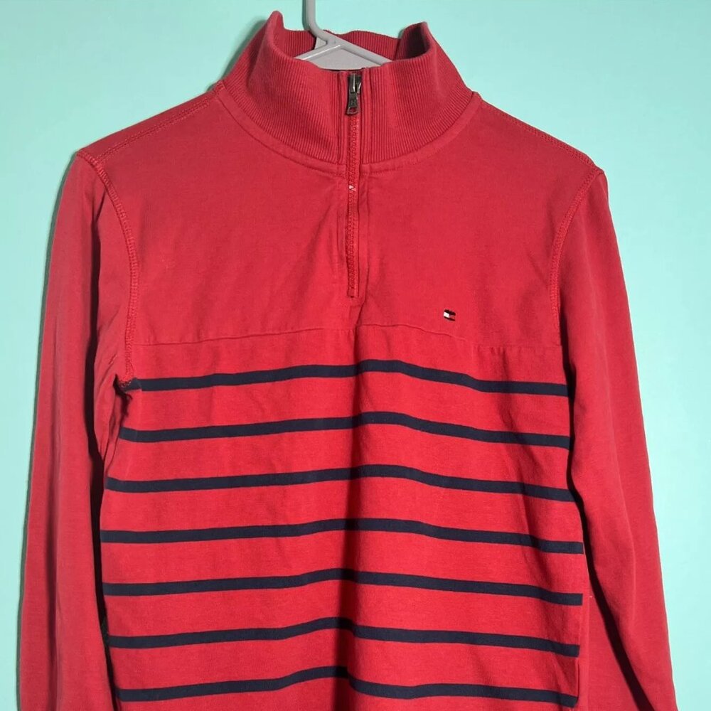 Tommy Hilfiger Boys 1/4 Zip Sweater Pullover Red Striped Size Medium (12-14)